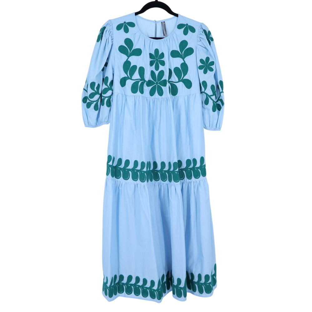 by ANTHROPOLOGIE Embroidered Midi Dress Light Blue Puff Sleeve Women's XS